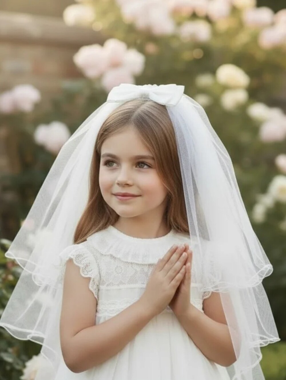 Kids Veil, 3 Tiers, Ruffles Tulle w/ Floral Bow And Pearl Accentz